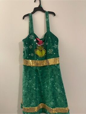 Green Grinch-Themed Girls Holiday Dress with Gold Sequin Trim